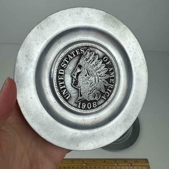 2 Vtg Pewter Pewtarex Indian Head Penny Buffalo Nickel Collectible Plates 5.75in - Picture 9 of 12